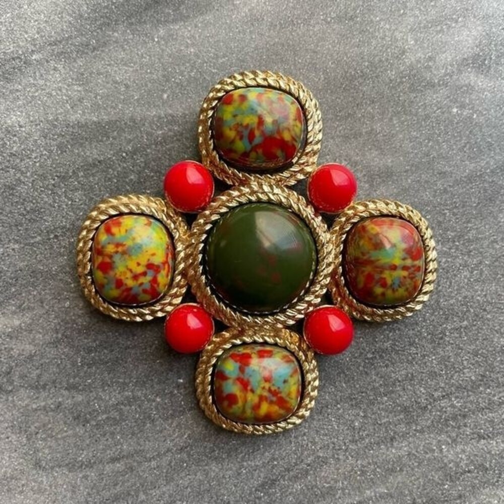 Vintage Sarah Coventry Mosaic Large Brooch Green Red Gold